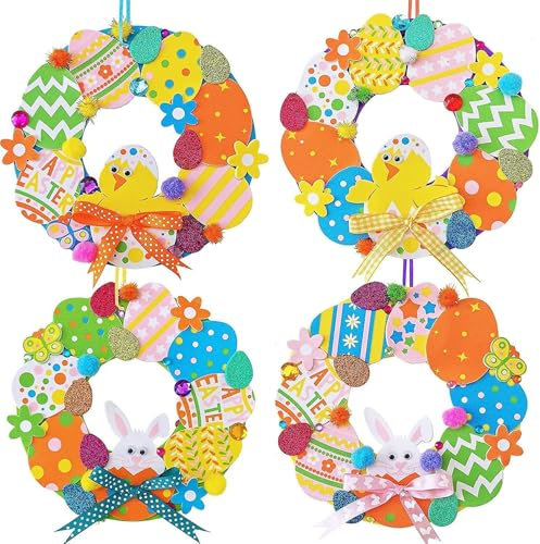 12 Stück Ostern Basteln Kinder,DIY Oster Kranz Bastelset,Osterhase Osterküken für Kindern,Moosgummi Bastelset Kinder,Oster Bastelset,DIY Osterkranz Deko,Kinder Osterbastelset für Ostern