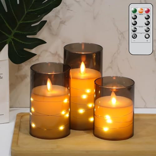 Eldnacele LED Kerzen mit Lichterkette, flammenlose Kerzen mit Timerfunktion, bewegliche Flamme, Batteriebetriebene 3-teilige led Kerzen-Set mit Fernbedienung, Art Zimmer Deko, Grau
