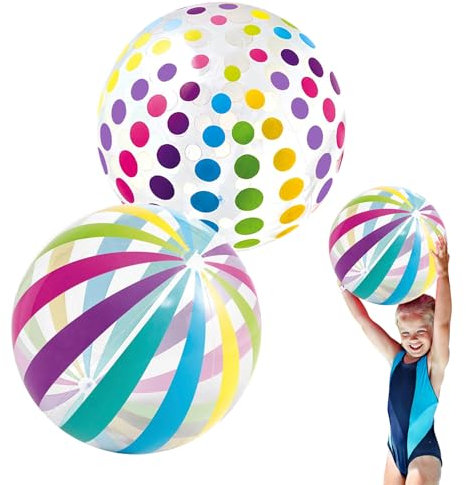 LUMOOM 2 palline gonfiabili da spiaggia gonfiabili, 40 cm, con valvola di sicurezza, palline colorate a righe, pallanuoto per bambini, per piscina, feste, giochi acquatici