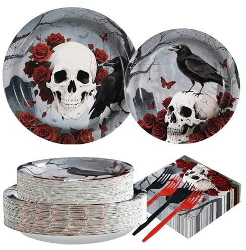 200Pcs Halloween Gothic Skull Party Decorations Halloween Skull Rose Floral Crow Plates and Napkins Goth Butterfly Dessert Tableware Sets for Family Skeleton Holiday Birthday Party Supplies Serve 50