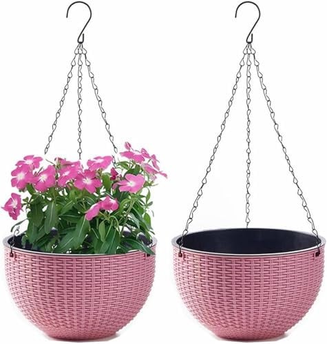 Youning Blumenampel Hängend Außen und Innen Kunststoff Hängetopf für Pflanzen 2 Stück Blumentopf Hängend Hängeampel mit Kette Selbstbewässerung Hängepflanztöpfe für Blume Decken Balkone Garten (Rosa)