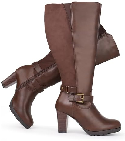Chicblooms Stivali da donna taglie forti, gambo extra largo, tacco alto, con fibbia alla caviglia, Marrone camoscio., 38 EU