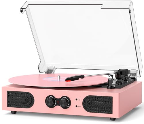 Schallplattenspieler mit eingebauten Lautsprechern, Vintage 3-Gang-Plattenspieler, Bass-/Treble-Steuerung, Kopfhöreranschluss, Cinch/AUX-Ausgänge, riemengetriebener LP-Player, Pink