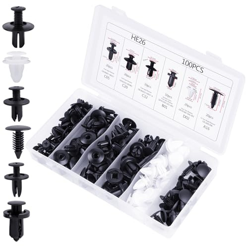 HOTUT Auto Befestigung Clips,100 Stück Kunststoff Druckstift Nieten, 6 Arten Türverkleidung Klammern Stoßstange Spreiznieten Karosserie Clips,Befestigungs Auto Clips Set