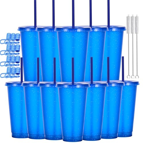 CuppaLifes 12 Pack Reusable Plastic Cups with Lids and Straws, 710ml Cold Tumbler Cups for Slushie and Drinks, Party Cups for Adults Travel Beach Picnic Birthdays (12, Glitter Blue)