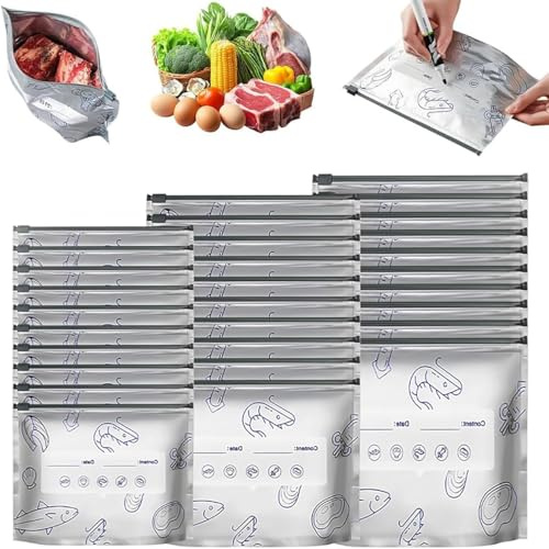 Gefrierbeutel Zipper Wiederverwendbar Verschließbare Aufbewahrungsbeutel aus Aluminiumfolie,Mit Etikett und Reißverschluss,Geeignet zur Lagerung von Meeresfrüchten Fleisch Gemüse Obst (30PCS)