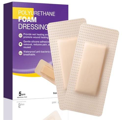 Silicone Foam Dressing with Border 5x10cm Waterproof Silicone Wound Bandage Absorbent for Ulcers Sores 5Pcs
