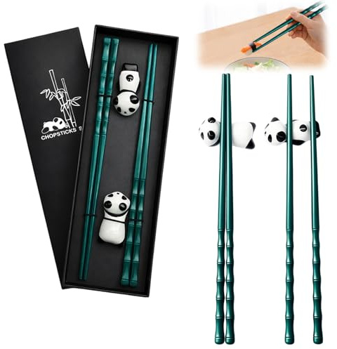 2 Pairs Chopsticks Gift Set with Ceramic Cute Panda Chopstick Rest, Green | Reusable Fiberglass Chopstick Non-Slip Chinese Chopstick Set with Gift Box Dishwasher Safe for Asian Dishes Sushi Noodle Rice