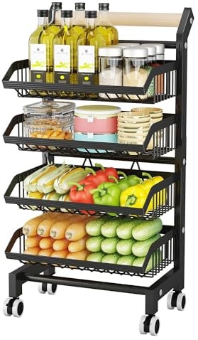 Garvee Küchenwagen Metall, 4 Ebenen Obst- und Gemüsewagen mit Schubladen | 4-stufiger Metall Küchenwagen mit Schubladen, Obst- und Gemüseaufbewahrung, Stauraum und kompaktem Design, Schwarz in Weiß