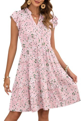 AUSELILY Damen Sommerkleid V-Ausschnitt Strandkleid Rüschen Ärmel Taschen | Kleid Rüschen Ärmel Minikleid Elastische Taille Knielang Strandkleid Elastischer Bund Elegant Leicht Kurz mit Taschen