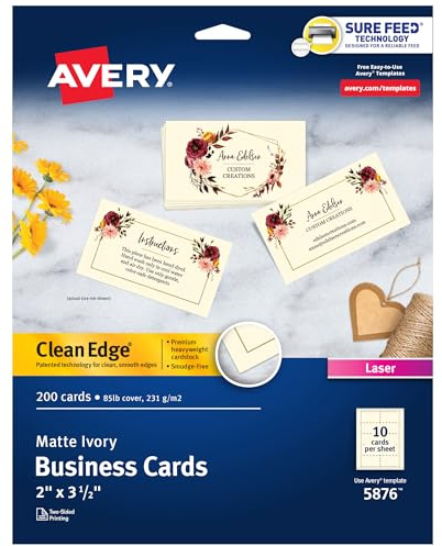 Avery Clean Edge Printable Business Cards with Sure Feed Technology, 2 x 3.5, Ivory, 200 Blank Cards for Laser Printers (5876)
