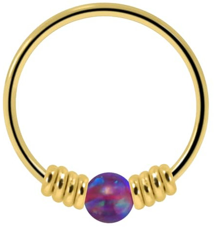 Monster Piercing 9K Solid Gelb Gold lila Opal Stein mit doppelten Frühling Spule 22 Gauge Hoop Nase Ring Tragus Helix Piercing