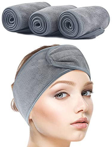 SINLAND 3 Stück Haarband für Make Up Kosmetik Stirnband Frottee Verstellbare Haarschutzband mit Klettverschluss für Gesicht Sport Yoga Spa Grau