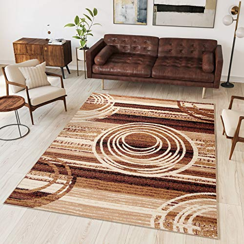 TAPISO Dream Teppich Wohnzimmer Modern Kurzflor Braun Beige Meliert Kreise Streifen Gestreift Schlafzimmer Gästezimmer Küche ÖKOTEX 80 x 150 cm