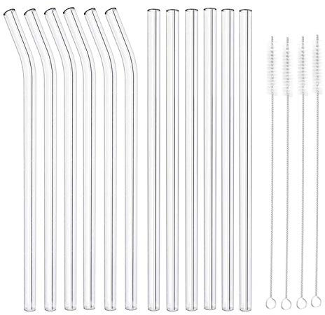 MIXIAO Glas Strohhalme 12 Stück (Transparent 6 gerade & 6 gebogene)