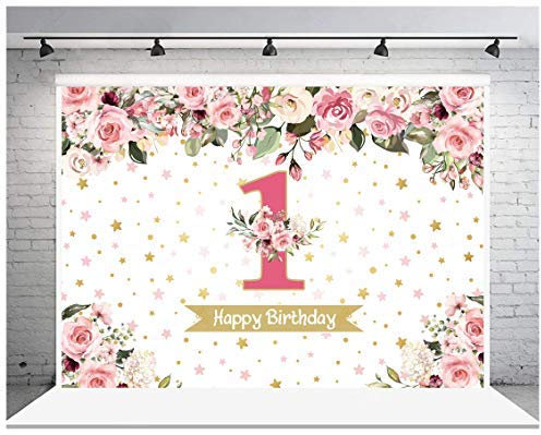 AIIKES 7x5FT 1er bébé Anniversaire Fond bébé Fille Photographie Fond Rose Floral Fond Flash Point Fille Anniversaire fête décoration gâteau Table bannière Fond 11-536