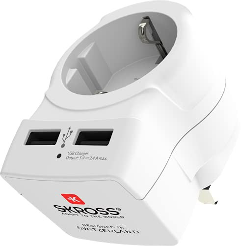 SKROSS | 1.500280 | Europe to UK USB | Reiseadapterstecker Europa auf UK, USB-Ladegerät 2 Ports 2,4 A - Spannung und Leistung 100V - 1500 W / 250 V - 3750 W - Anti-Schock-Schutz