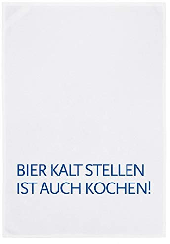 17;30 Geschirrtuch, 100% Baumwolle, humorvoller Spruch Bier kalt Stellen ist auch Kochen!, umweltfreundlich, weiß-blau, 50x70 cm