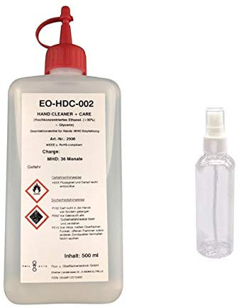 Profi-Set EO-HDC-002 500 ml mit Ausgießer, hochkonzentrierter Ethanol/Wasser Reiniger, über 90% Ethanol + 100 ml Handsprühflasche (leer) für unterwegs