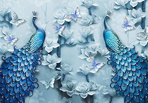 wandmotiv24 Fototapete blaue Pfaue Kunst, XL 350 x 245 cm - 7 Teile, Wanddeko, Wandbild, Wandtapete, Federn Blumen Tiere Vogel M6583
