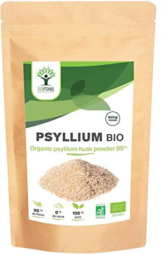 Psyllium Blond Bio - Bioptimal - Teguments de Psyllium en Poudre Fine - Husk Powder - Superaliment - Digestion Transit Coupe Faim - Origine Inde - Conditionné en France - Certifié Ecocert - 500g