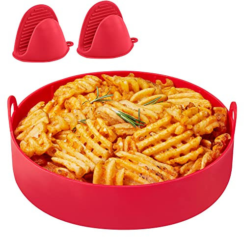 Air Fryer Silicone Pot HEETA, Easy Cleaning Air Fryer Oven Accessories, Replacement of Parchment Paper Liners, Food Safe Reusable Air Fryer Basket, for 6QT or Bigger, Round - 8.6'' X 2.5''(Red)