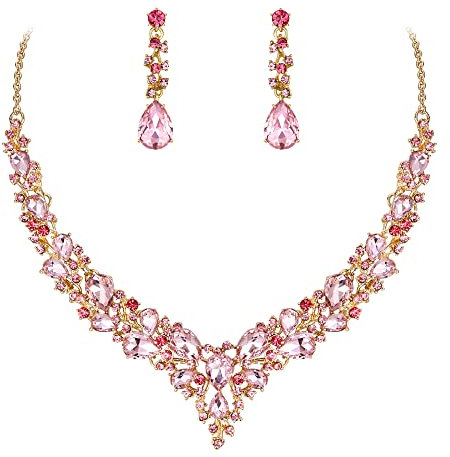 Ever Faith Wedding Bridal Crystal Teardrop Cluster Statement Necklace Dangle Earrings Jewellery Set for Women Pink Gold-Tone