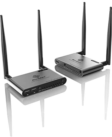 MICROFUTURE Kabelloser HDMI-Sender und -Empfänger 1080P mit KVM & IR-Fernbedienung, 5,8 G HDMI-Extender 1,8 m mit Loop-Ausgang für DSLR, Netflix, Laptop, Kirche, Zuhause, Büro – unterstützt mehrere