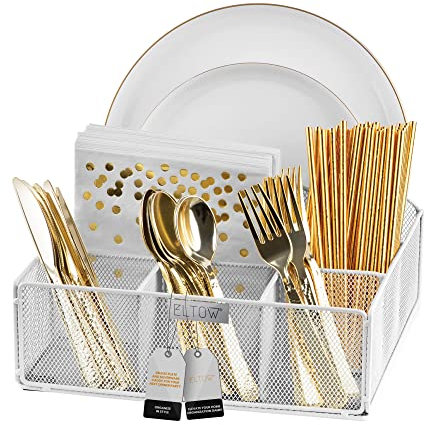 ELTOW Besteckhalter und Pappteller-Organizer für Arbeitsplatte, 6 Fächer, Utensilien-Caddy für Partys, Zuhause, Büro oder Wohnmobil, Weiß