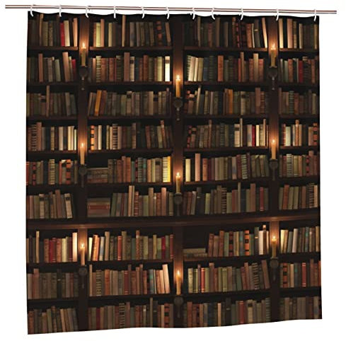 AROONS Bibliothek Bücherregal Buch bedruckter Duschvorhang mit 12 Haken, blickdicht, schnell trocknend, wasserdicht, Duschvorhang-Sets für Badezimmer, 183 x 183 cm