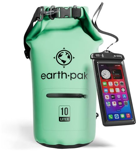 Earth Pak Dry Bag – Wasserdichter Packsack mit Reißverschluss Tasche, Schultergurt und wasserfester Handyhülle – Ideal beim Kajak Fahren, Camping, Angeln, Bootfahren und Rafting (Meerschaumgrün, 10L)