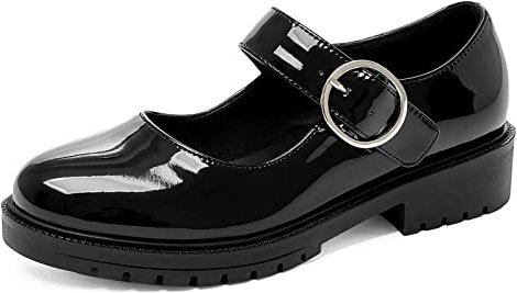 Bviennic Bout Rond Mary Jane Femmes Bride Cheville Escarpins Block Talons Moyen Vintage Bureau Loafers Travail Chaussures Mode Cuir Verni Chaussures Noir Taille 44 Eu-46Cn