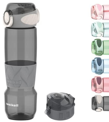 Zweikell Trinkflasche 650ml, Tritan Wasserflasche, BPA Frei, Wasserflasche auslaufsicher für Kinder, Schule, Sport, Uni, Outdoor, Mit Flaschendeckel Geschenk, Silikon rutschfeste, Greu