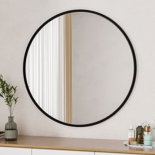 Boromal Spiegel Schwarz 70cm Metallrahmen Badezimmerspiegel Rund Badspiegel Wandspiegel Schwarz für Badezimmer, Waschräume, Schlafzimmer, Gäste WC