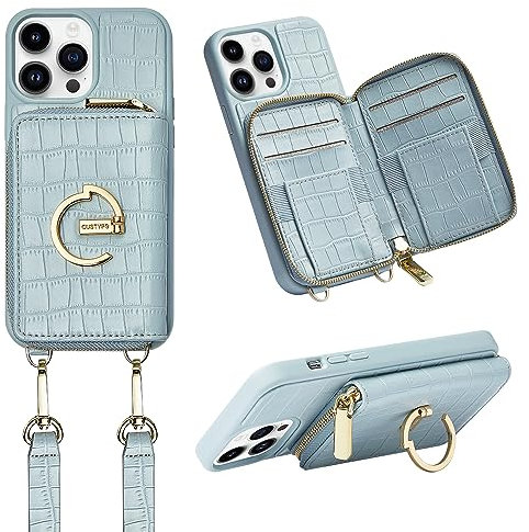 CUSTYPE Funda para iPhone 14 Pro Max, Funda para iPhone 14 Pro Max con Correa, Funda de Piel de Microfibra con Billetera y Soporte, Funda con Cadena para teléfono móvil Apple iPhone 14 Pro MAX Azul 6