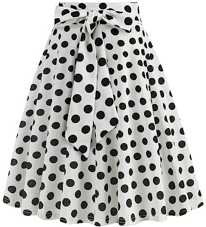 Damen 1950er Jahre Vintage Rock A Linie Faltenrock Hohe Taille Midirock Blumendruck Tellerrock Polka Dot Rockabilly Swing Rock mit G?rtel Knielang Partyrock Wei? L