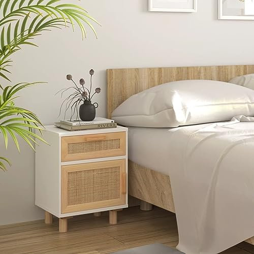 Puraday Nachttisch Weiß Massivholz Kiefer und Natur-Rattan Kommode Mit Schublade - Modern Komodenschrank Beistelltisch Nightstand Holz Schlafzimmer Möbel