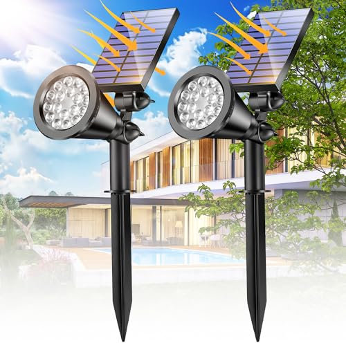 PIKOY Solar Lights Outdoor Garden【2 Pack】, 600LM & 2000mAh Garden Lights Solar Powered Waterproof, 2 Modes Solar Garden Lights, 1 Second to lnstall Solar Spot Lights Outdoor Garden Solar Lights