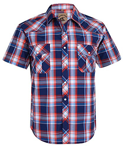 COEVALS CLUB Mens Shirts Short Sleeve Casual Push Button Plaid Suit Regular Fit Western Cowboy Pearl Snap Two Pockets Work Derss Button Up Shirts (Red & Blue #15 M)