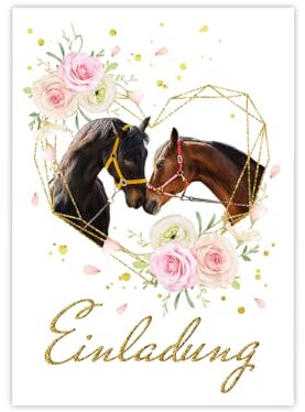 Minkocards 12 Einladungskarten zum Kindergeburtstag Mädchen Pferd zwei Pferde Einladungen zum Geburtstag Kinder bunte Geburtstagseinladungen