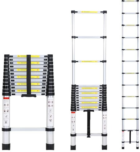 Jopassy Teleskopleiter 3,8 M, Rutschfester Aluminium Stehleiter, 150 kg/330 Pfund Belastbarkeit Ausziehbare Leiter, Aluminiumleiter mit Tragegriff, Mehrzweckleiter