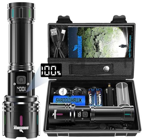 Shadowhawk Taschenlampe LED Aufladbar 500000 Lumen, LED Taschenlampe Extrem Hell XHM90.2 Taschenlampen USB, Starke Taktische Taschenlampe Batteriebetrieben, Wasserdicht Flashlight for Outdoor Notfälle