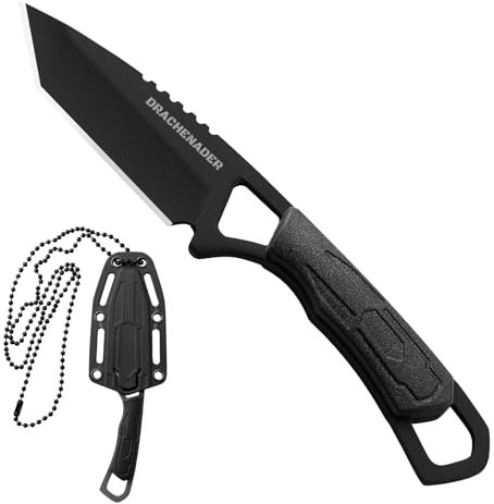 DRACHENADER Neck Knife Messer, tanto knife mini full Tang Outdoor feststehendes Messer klein small Messer mit Kunststoffscheide, voll schwarz