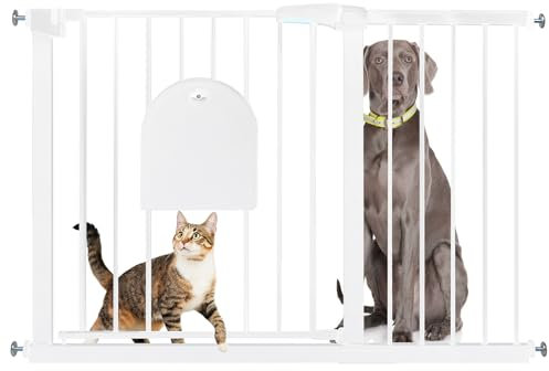 SUBTLETY Türschutzgitter mit Katzenklappe Auto Schließen Treppenschutzgitter Ohne Bohren Hundegitter mit Katzentür Erweiterbar Absperrgitter Schutzgitter für Kinder & Haustiere (Weiß, 105-115cm)