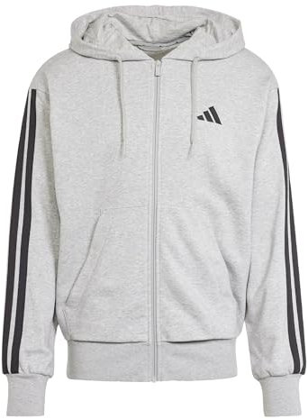 adidas Uomo Essential Three Stripes French Terry Fullzip Hoodie, Medium Grey Heather/Black, L