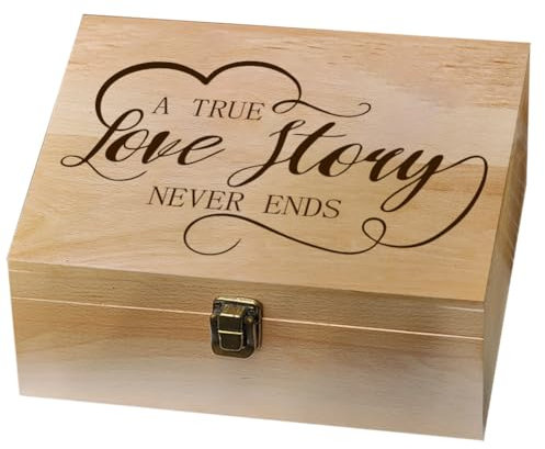 arricraft Erinnerungsbox Aus Holz, 1 Stück, Erinnerungsbox „Love Story Never Ends“ Mit Klappdeckel, Andenkentruhe Mit Liebesthema Zur Aufbewahrung von Fotos Und Briefen Zum Hochzeitstag