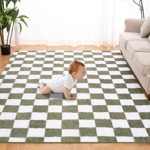Superweicher Teppich für Schlafzimmer, 1,2 x 1,8 m, Grün und Weiß, klassisch, kariert, zottelig, rutschfest, Hochflor, weich, flauschig, flauschig, Teppich für Wohnzimmer, Schlafzimmer, Kinderzimmer