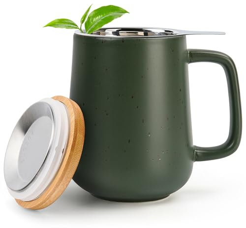 Happy Lemuro Teetasse mit Deckel und Sieb - 500 ml - Tasse mit Deckel - Große Teetasse mit Sieb - Tee Tasse Groß - Tea Cup - Teetasse Gross - Große Tasse - Tee Zubehör - Tea Mug - Khaki Jumbotasse