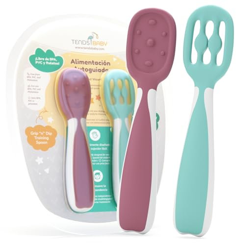 TENDS Cuillères Bébé 1er age en Silicone - cuillere bebe apprentissage BLW - Idéal pour les Petites Mains - Couverts Enfant 2 Ans de Qualité Supérieure pour l'Alimentation Autonome de Votre Bébé
