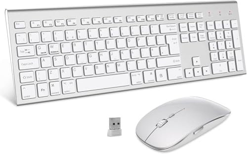 Wireless Keyboard and Mouse, GALENMORO QWERTY UK USB Ful-Size Stylish Slim Keyboard Silent Mouse Set for Windows PC/Laptop/Surface/Mac -White Silver